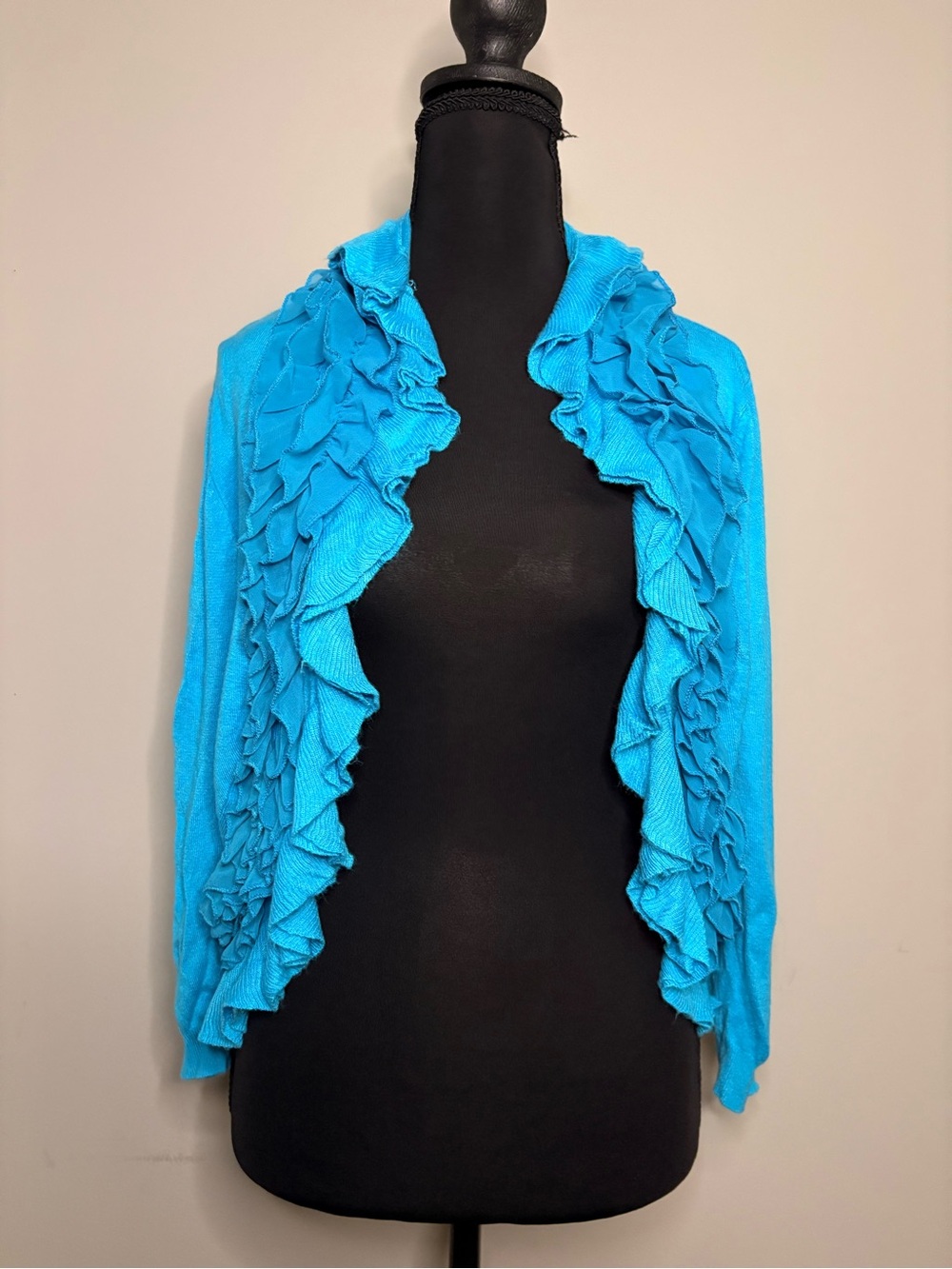 Milano Ruffle Open-Front Cardigan - Turquoise Blue - Picture 2 of 8